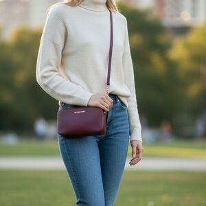 Michael Kors Jet Set Travel Crossbody Red Saffiano Leather Gold Chain MK Logo